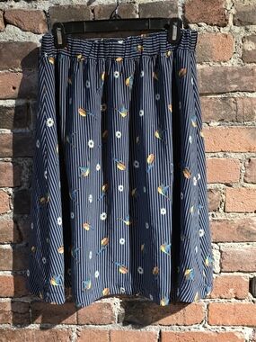 Le Lis Navy Striped Skater Skirt with Floral & Bird Motif